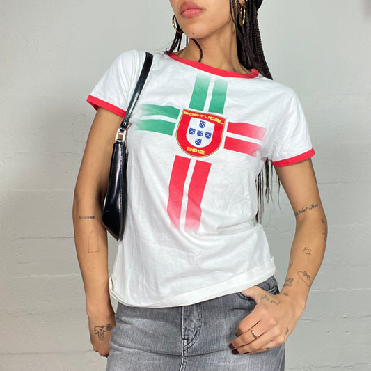 Vintage 2000's Sporty White and Red Top with Portugal Badge Print (S/M)