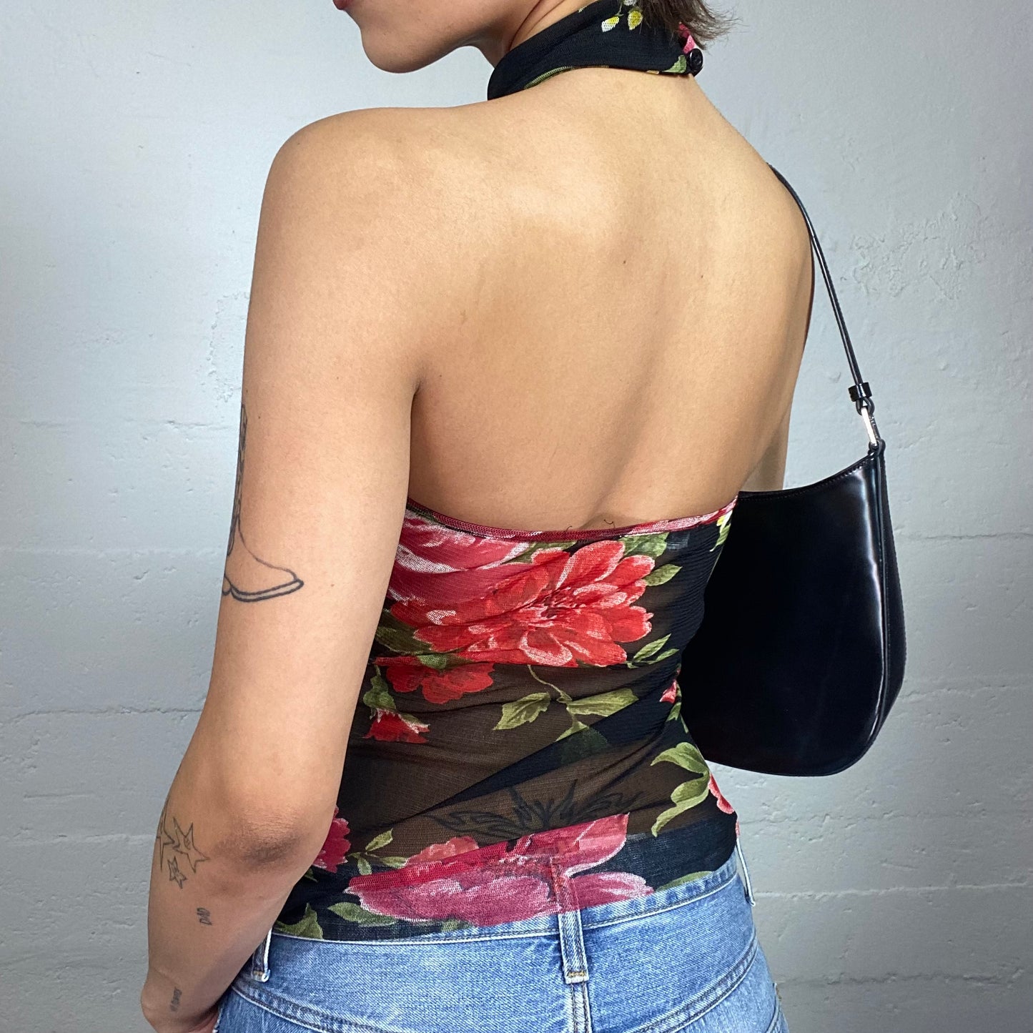 Vintage 90's Morgan Matilda Djerf Black Highneck Open Back Top with Red Maxi Floral Print (S)