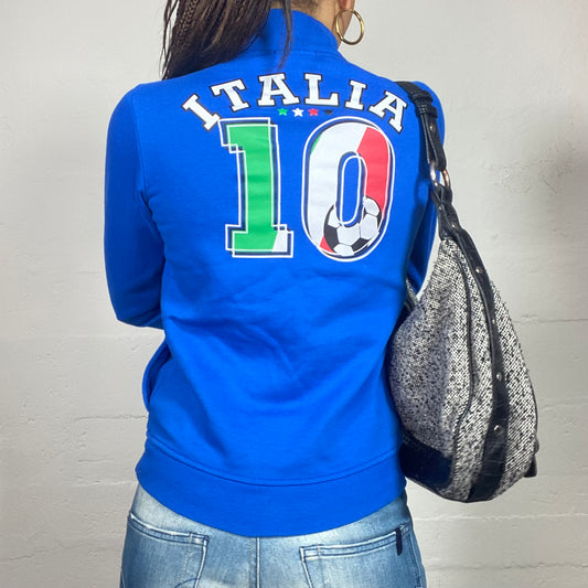 Vintage 2000's Guido Electric Blue Zip Up Sweater with "10 Italia" Football Print (XS)