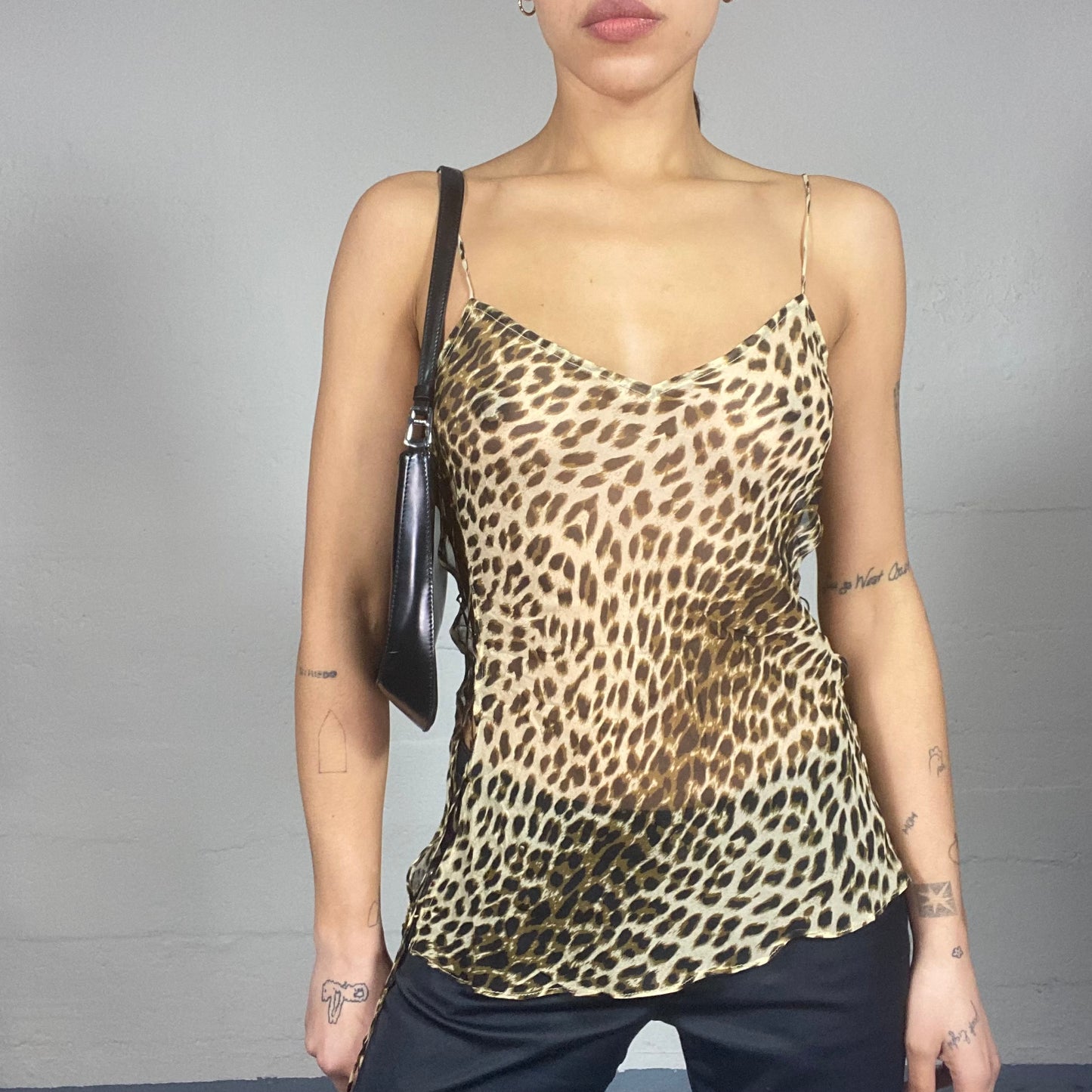 Vintage 90's Mob Wife Brown Silk See Through Top with Cheetah Print (S/M)