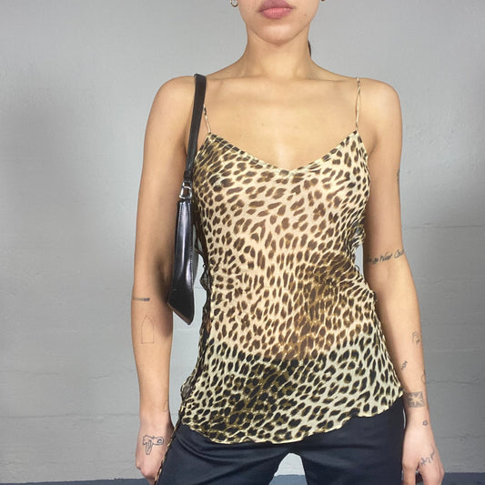 Vintage 90's Mob Wife Brown Silk See Through Top with Cheetah Print (S/M)