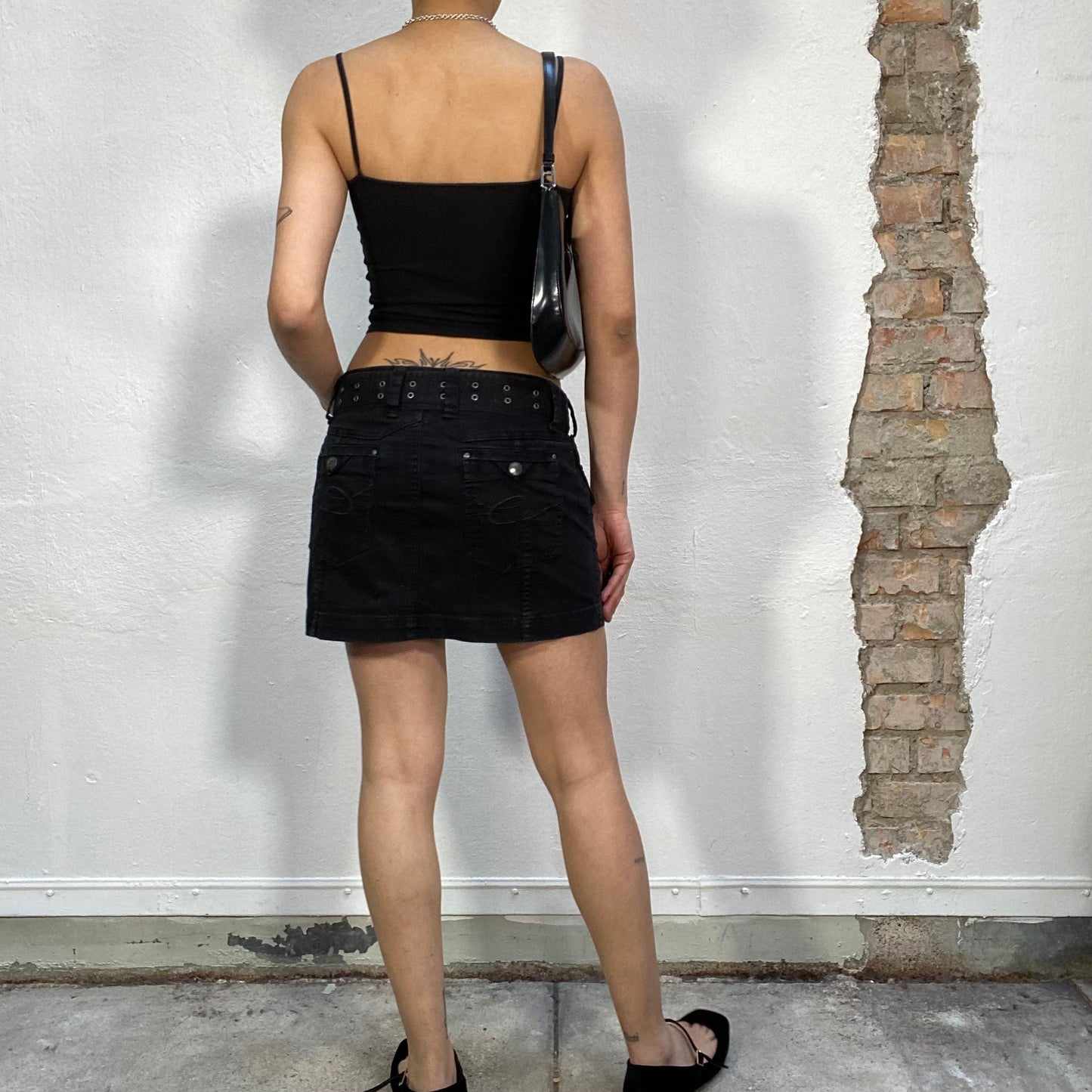 Vintage 2000's Punky Black Mini Skirt with Silver Hardware Belt (S)