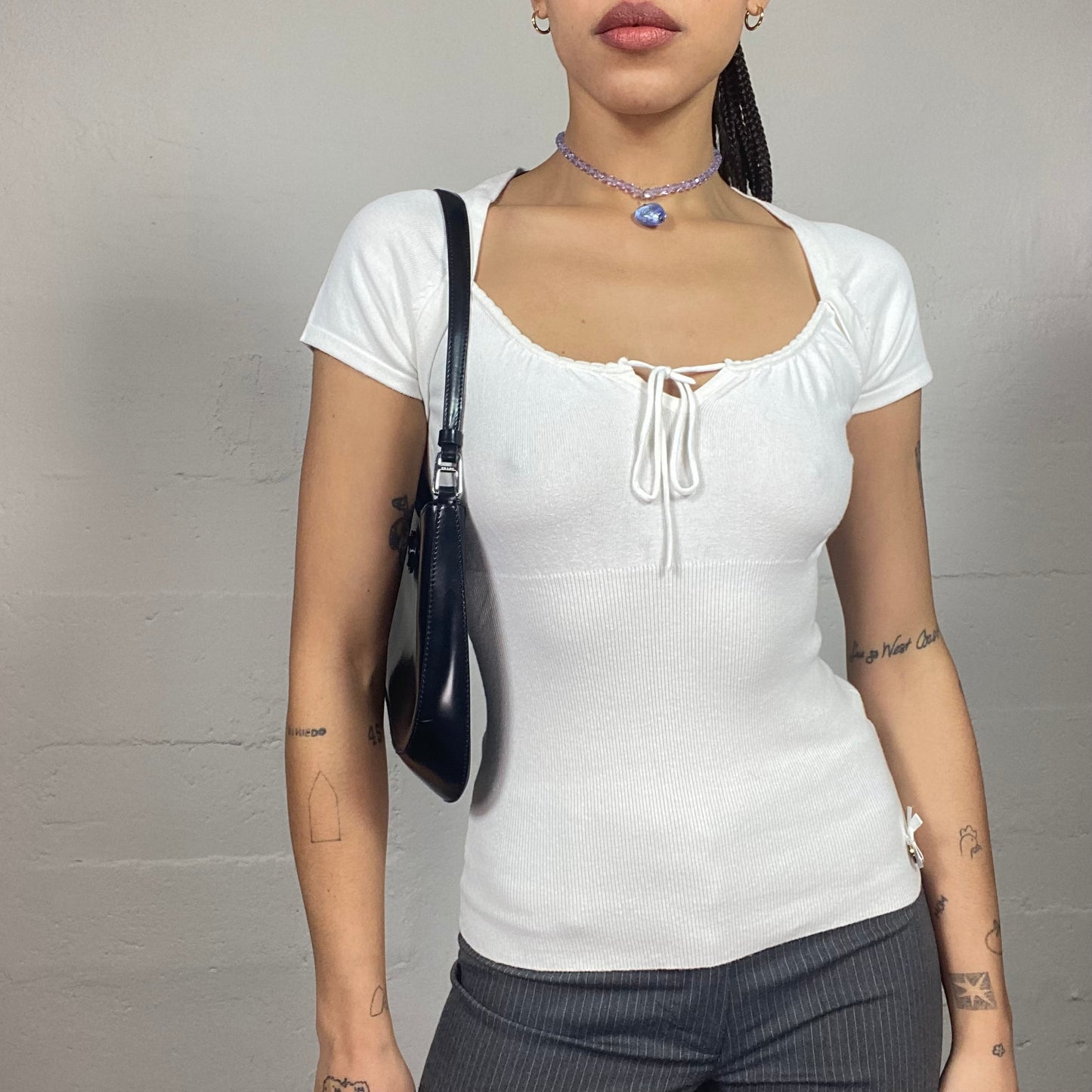 Vintage 90's Phoebe Buffay White Loose Fit Top with Lace Up Detail (M)