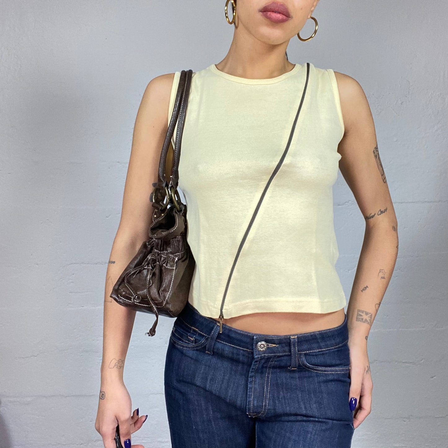 Vintage 2000's Rave Beige Top with Crossed Zip Detail (S)