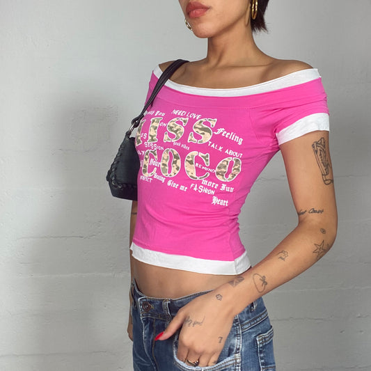 Vintage 90's Downtown Girl Pink Off Shoulder Top with Camo "Miss Coco" Print (S)