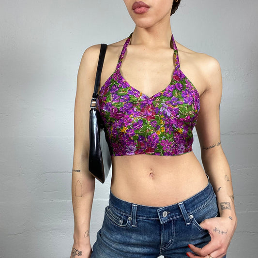 Vintage 2000's Festival Purple Crop Top with Open Back and Floral Print (S)