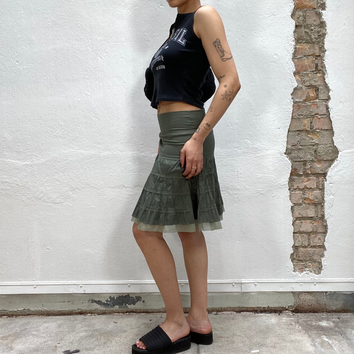 Vintage 90's Indie Green Midi Skirt with Mesh Trim (S/M)