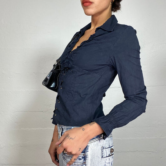 Vintage 2000's Model Off Duty Black Longsleeve Lace Up Shirt with Frilled Collar Detail (S)