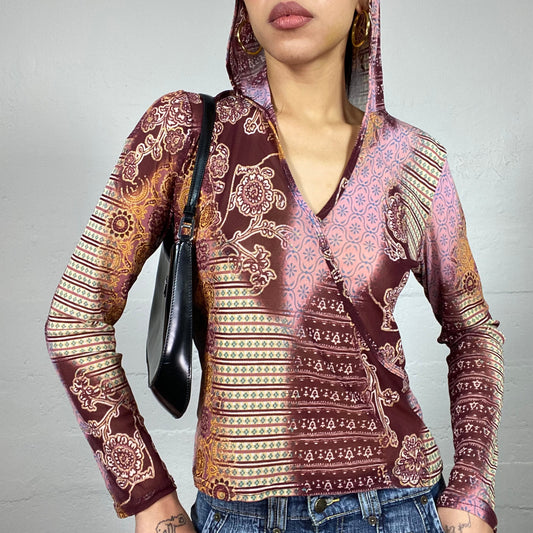 Vintage 2000's Boho Garnet Hooded Longsleeve Top with Ethnic Print (M)