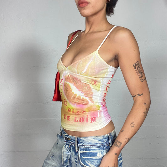 Vintage 2000's Downtown Girl Orange Top with Lips and "No kiss" Typography Print (S)