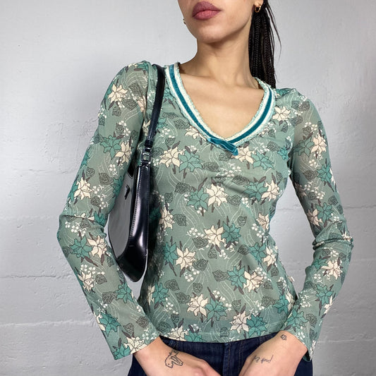 Vintage 90's Coquette Girl Blue Longsleeve Top with Floral Print (S)