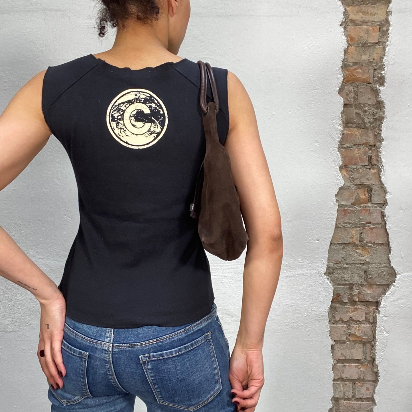 Vintage 2000's Downtown Girl Black Tank Top with 'Save Earth' Print (S/M)