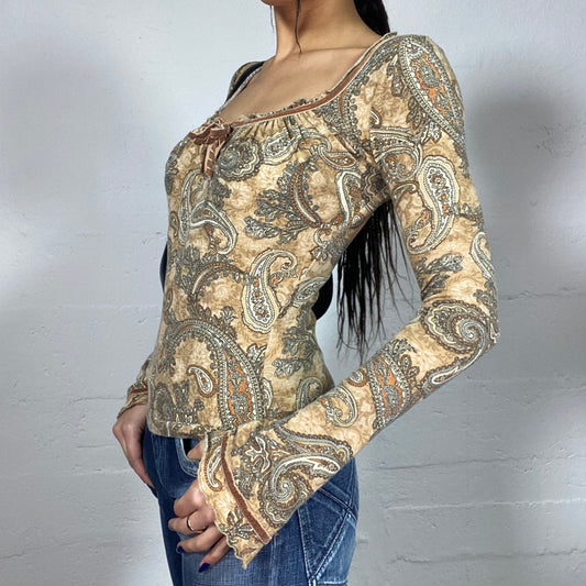 Vintage 90's Phoebe Buffay Beige Longsleeve Top with Paisley Print (S)