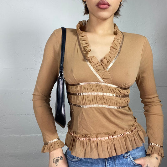 Vintage 2000's Coquette Girl Brown Longsleeve Frilled Top with Satin Stripes Detail (S/M)