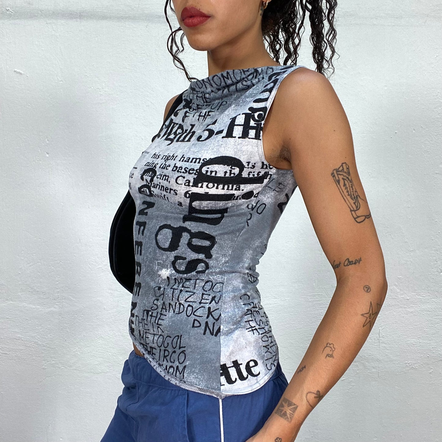 Vintage 90's Techwear Grey Asymmetric Cut Top with Typography Print (S)