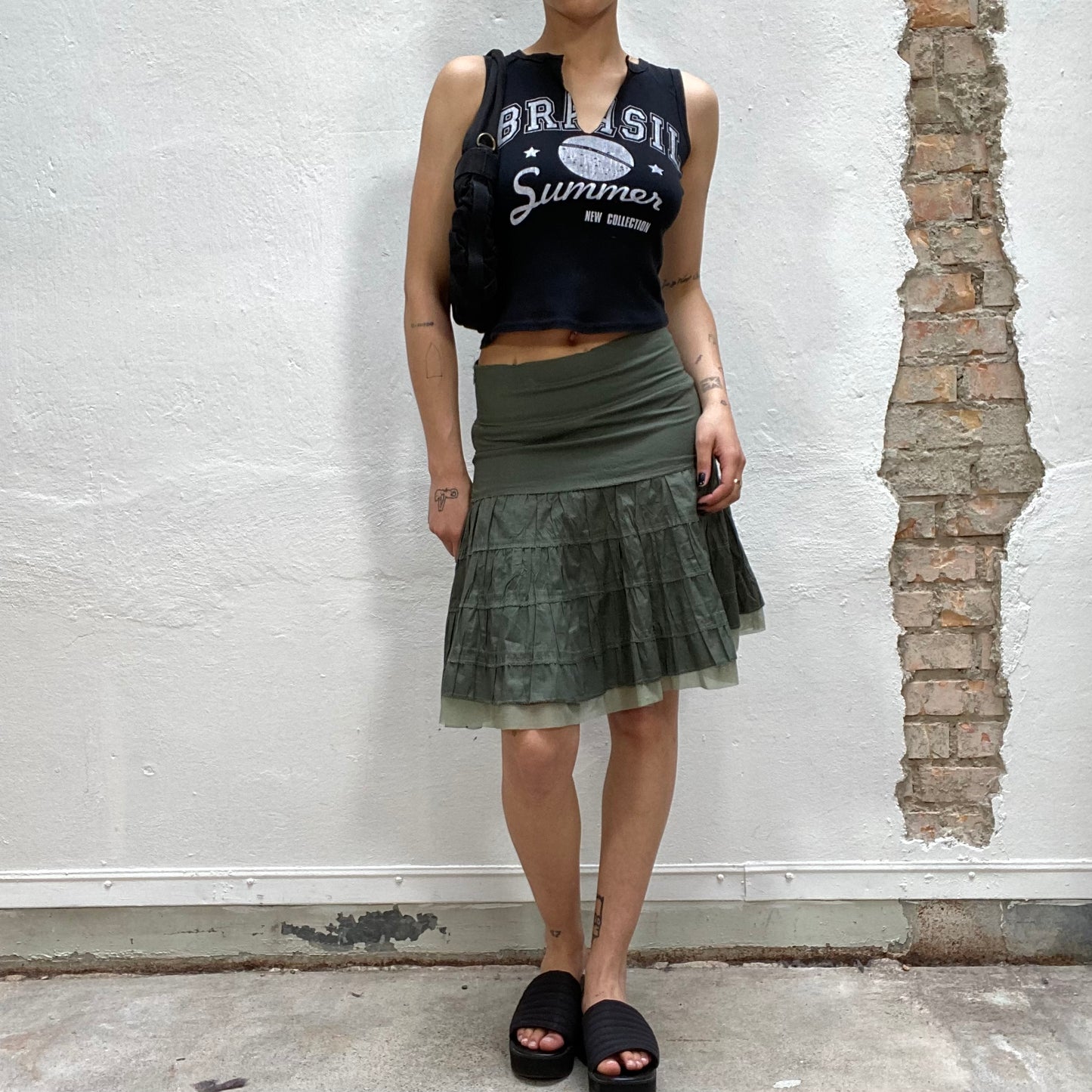 Vintage 90's Indie Green Midi Skirt with Mesh Trim (S/M)