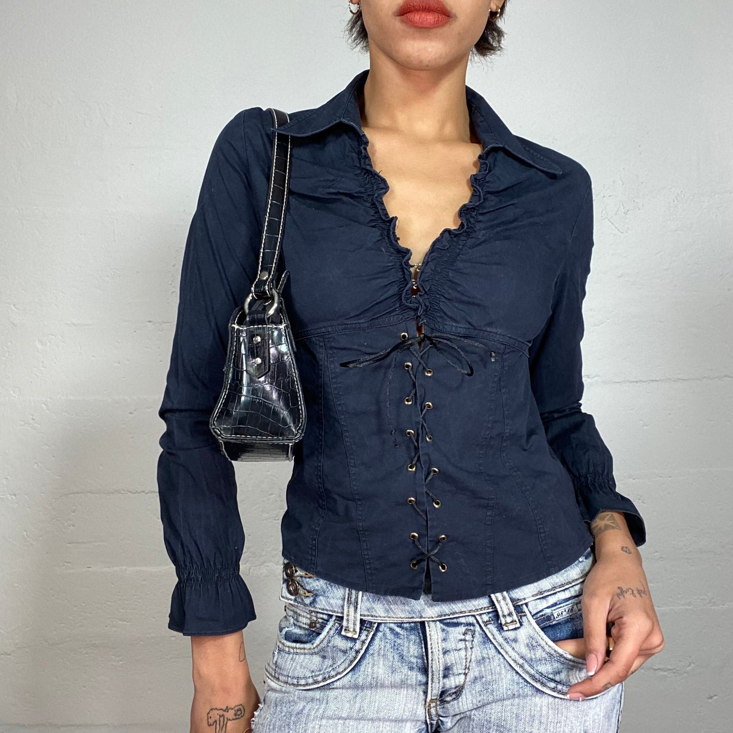 Vintage 2000's Model Off Duty Black Longsleeve Lace Up Shirt with Frilled Collar Detail (S)