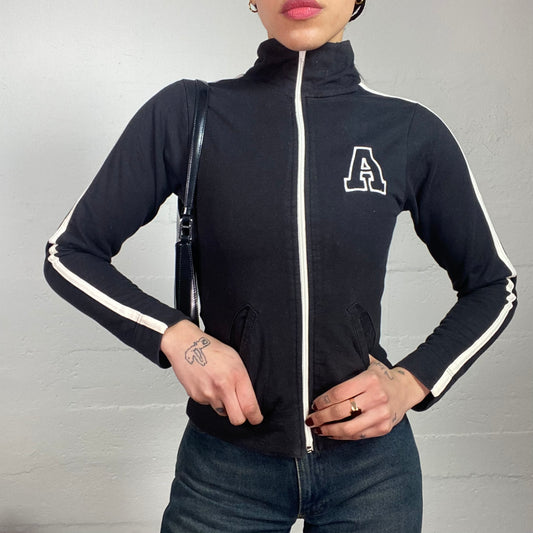 Vintage 2000's Sporty Black Zip Up Jacket with White Band and 'A' Detail (S/M)