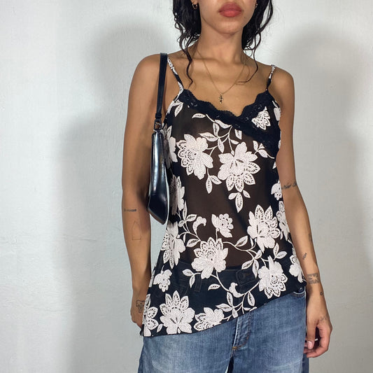 Vintage 2000's Downtown Girl Black Top with White Floral Print and Lace Detail (S)
