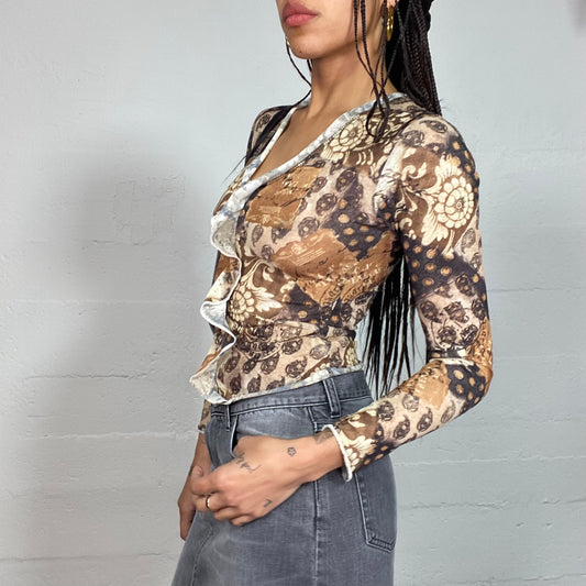 Vintage 2000's Boho Brown Longsleeve Top with Frilled Neck and Fall Floral Print (S)