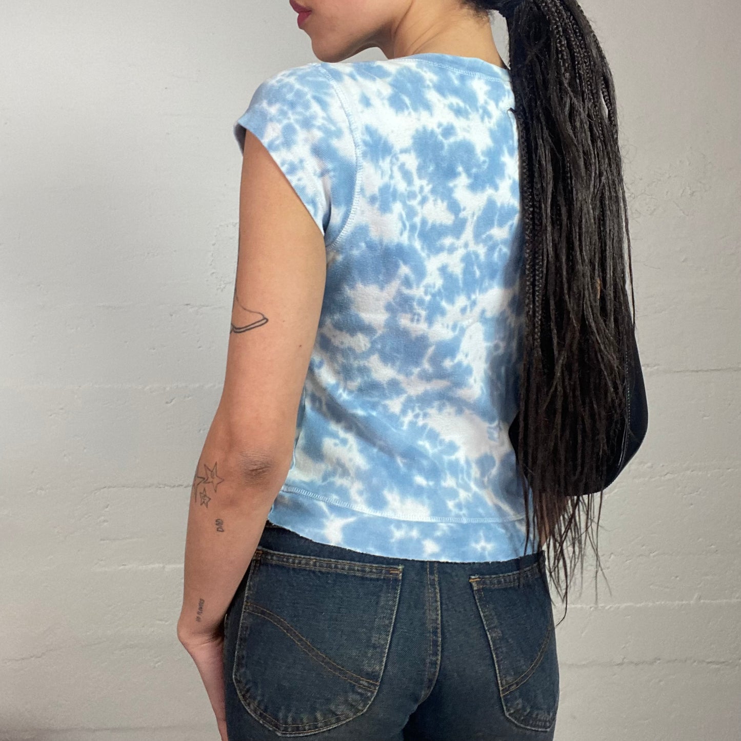 Vintage 2000's Sleaze Blue Tie Dye Top with 'Give Me One More Kiss...' Print (S)