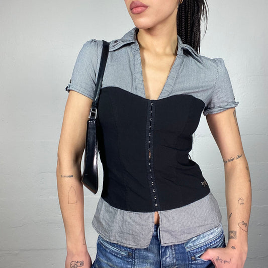 Vintage 2000's Corpcore Grey Cut Shirt Top with Black Corset Cut Detail (S)
