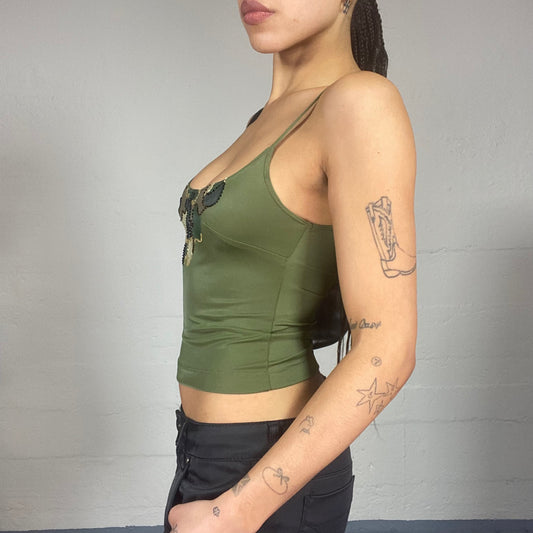 Vintage 90's Rave Khaki Tank Top with Rhinestones and Camuflage Print (S)