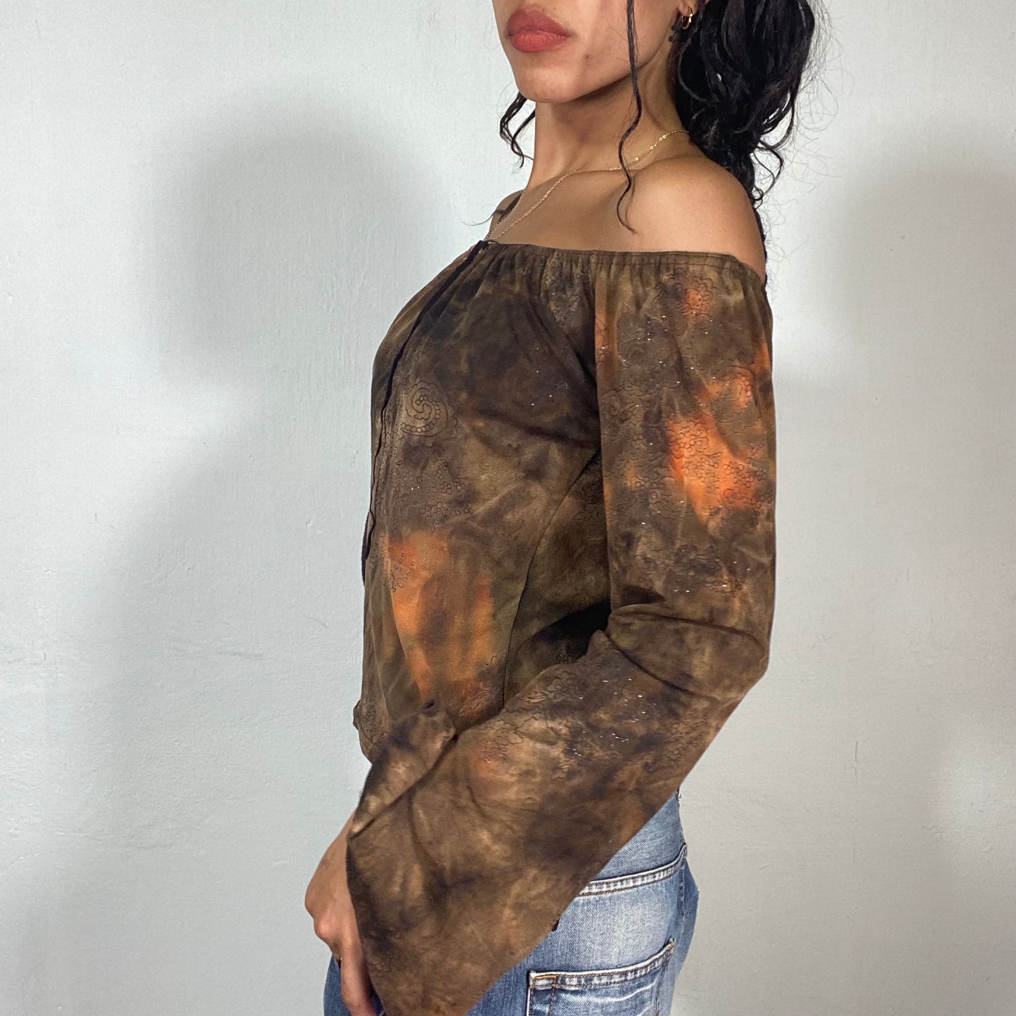 Vintage 90's Boho Girl Brown Off Shoulder Longsleeve Blouse with Tie Dye Orange Print (S)