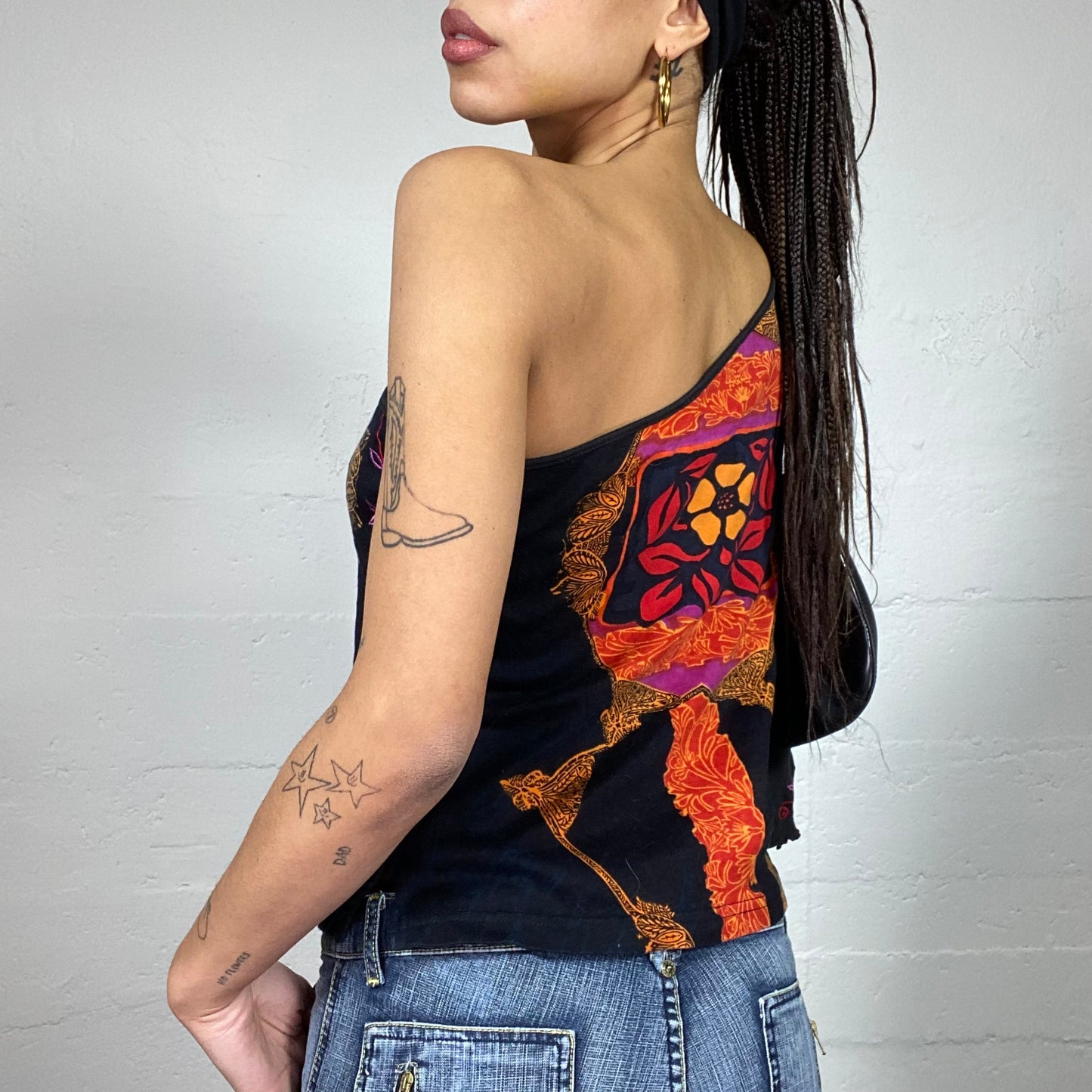 Vintage 2000's Boho Black One Shoulder Top with Multicolour Floral Print (M)