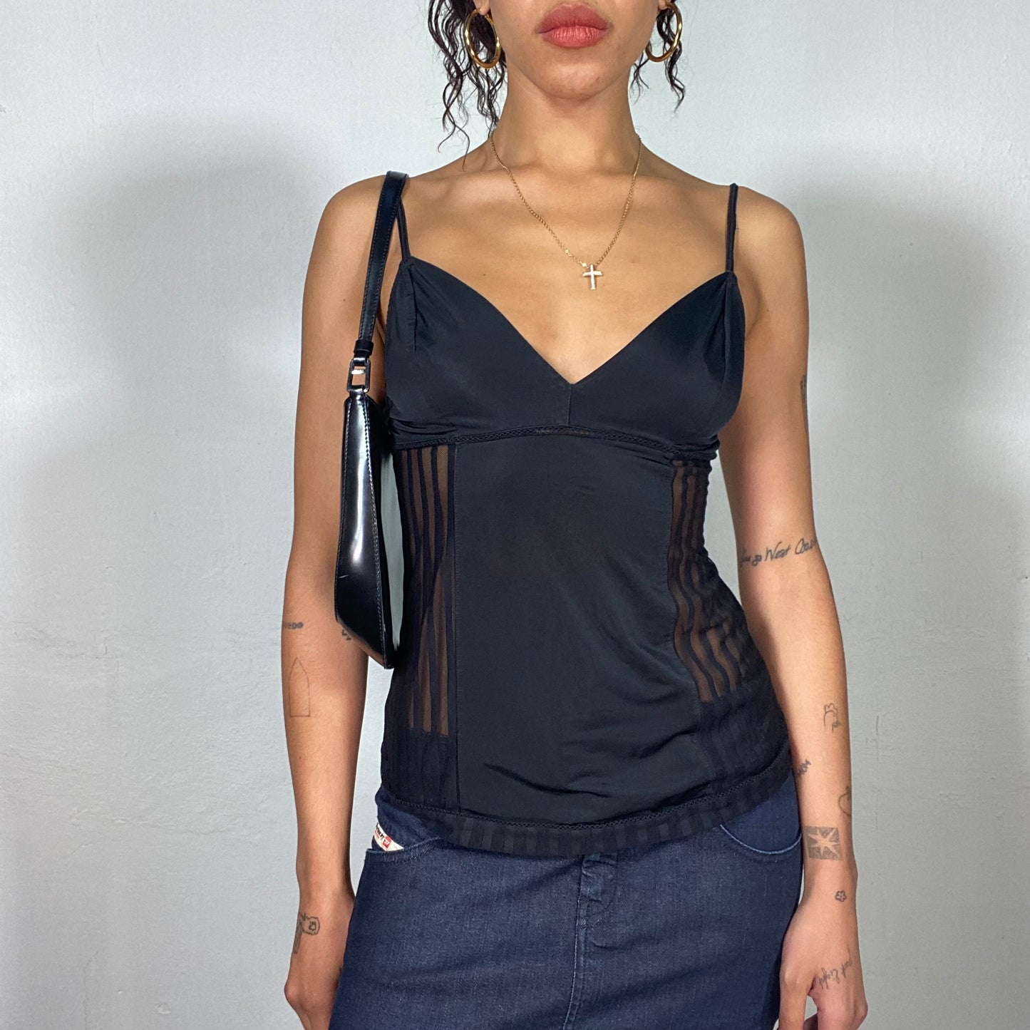 Vintage 2000's Coquette Black Cami Top with Lateral Mesh Detail (S)