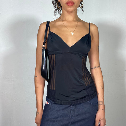 Vintage 2000's Coquette Black Cami Top with Lateral Mesh Detail (S)