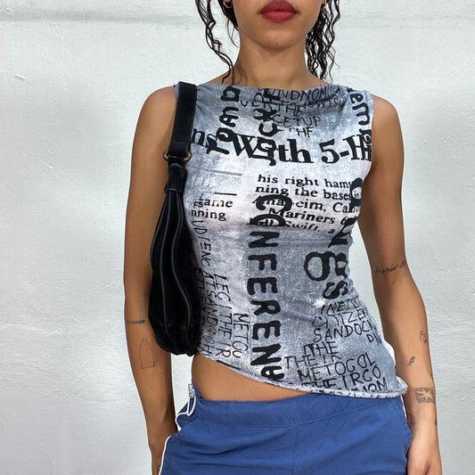 Vintage 90's Techwear Grey Asymmetric Cut Top with Typography Print (S)