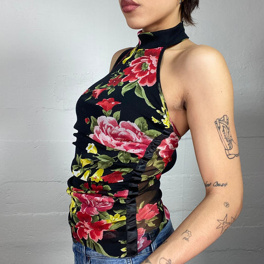 Vintage 90's Morgan Matilda Djerf Black Highneck Open Back Top with Red Maxi Floral Print (S)