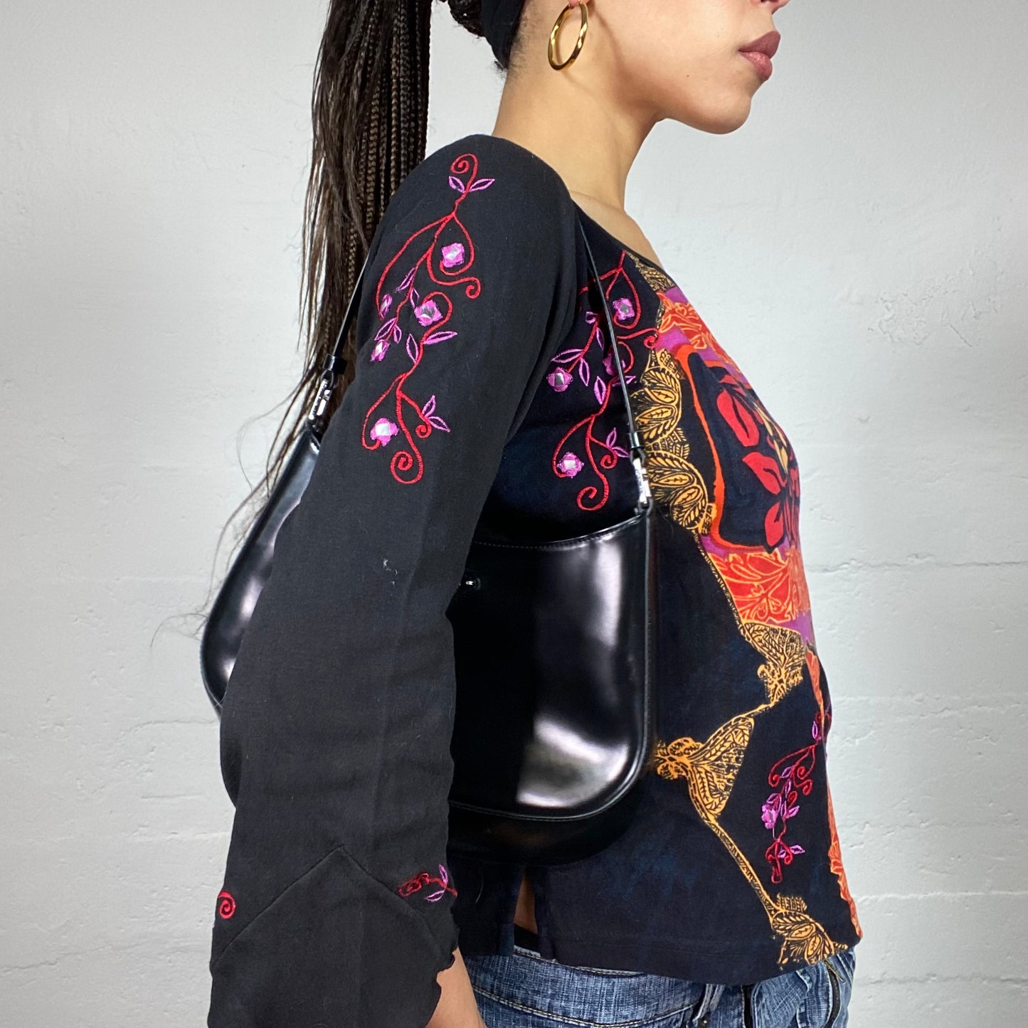 Vintage 2000's Boho Black One Shoulder Top with Multicolour Floral Print (M)