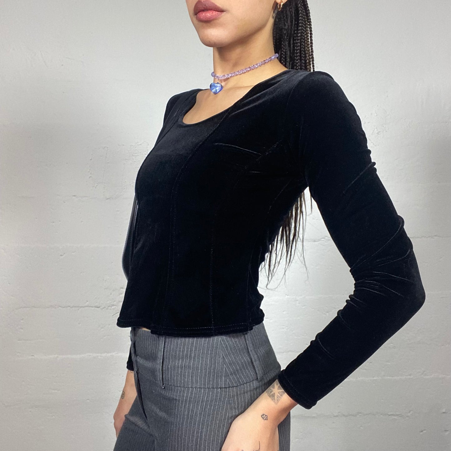 Vintage 90's Vampy Black Longsleeve Top with Velvet Material (S/M)