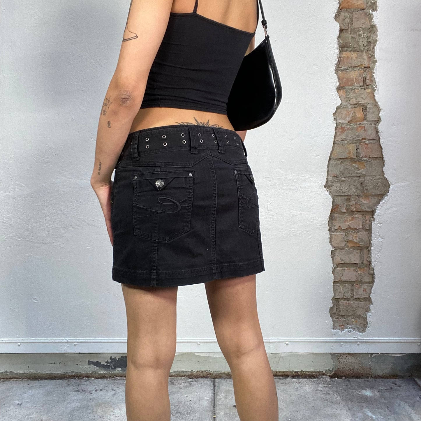 Vintage 2000's Punky Black Mini Skirt with Silver Hardware Belt (S)