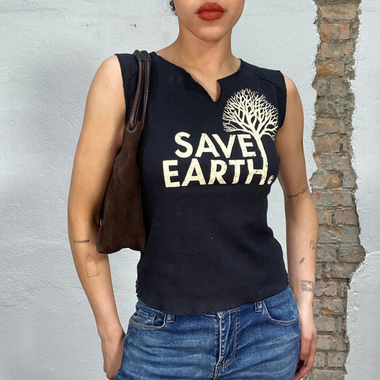 Vintage 2000's Downtown Girl Black Tank Top with 'Save Earth' Print (S/M)