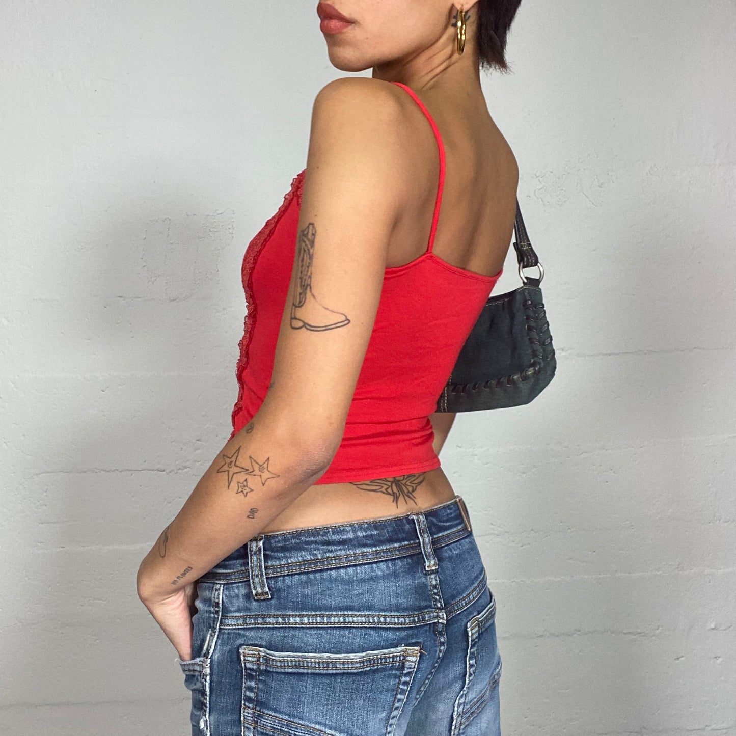 Vintage 90's Downtown Girl Red Cami Top with Lace Trim Detail (S)