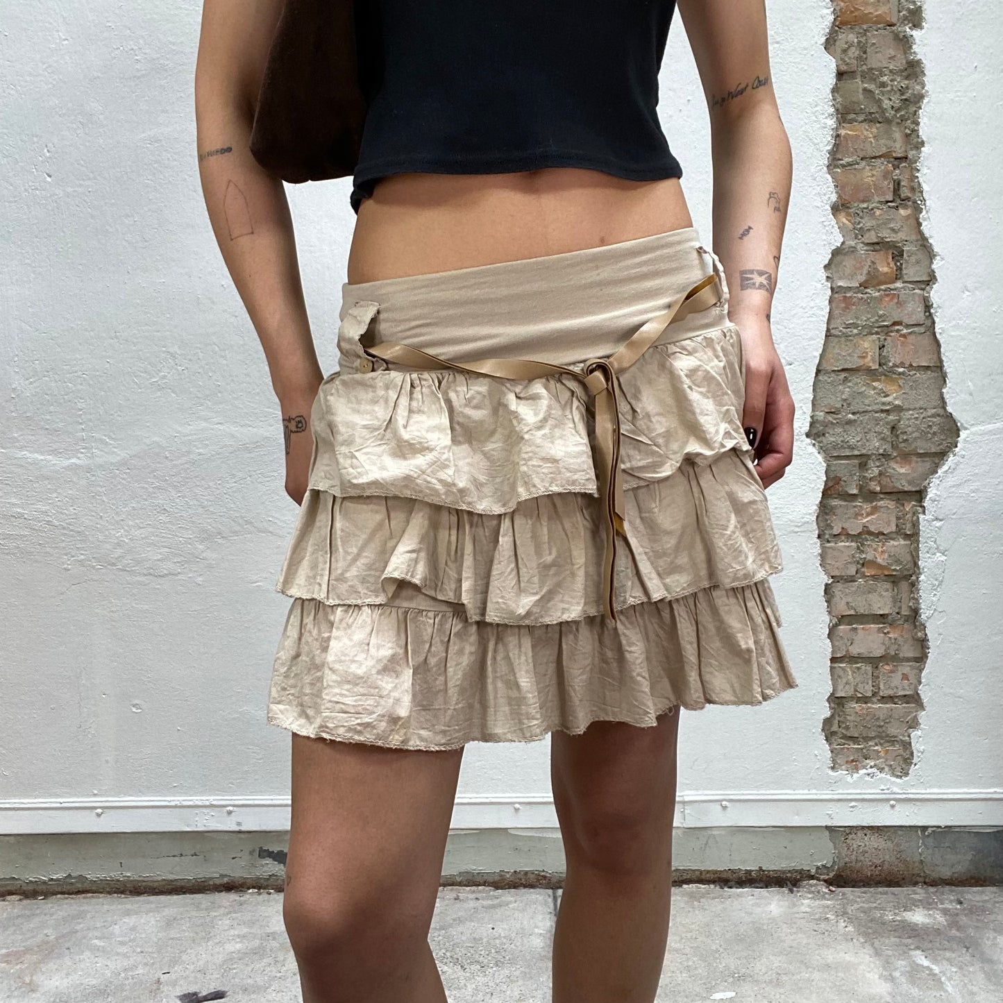 Vintage 2000's Sleaze Beige Layered Mini Skirt with Faux Leather Belt String (S/M)