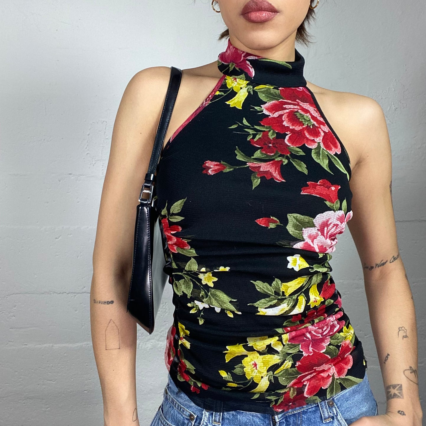 Vintage 90's Morgan Matilda Djerf Black Highneck Open Back Top with Red Maxi Floral Print (S)