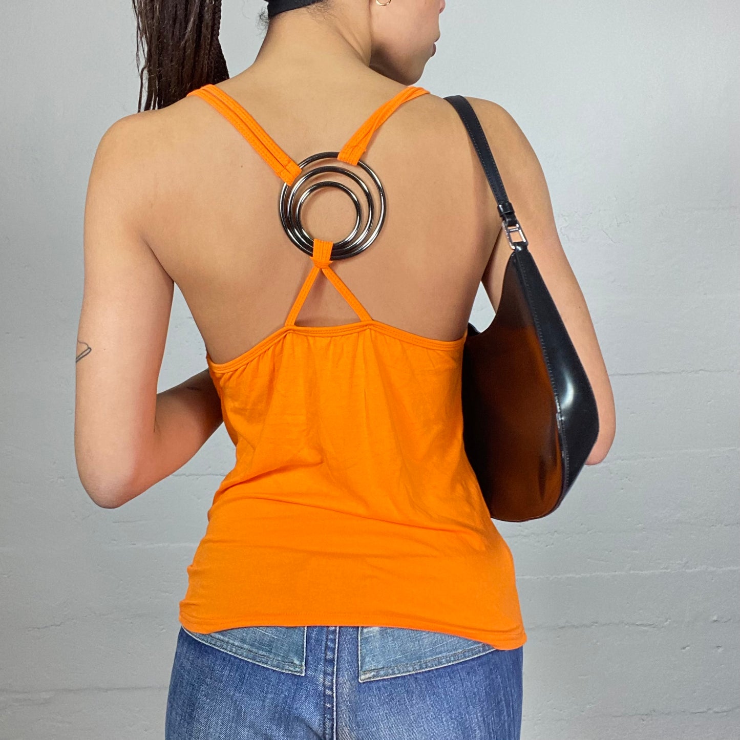 Vintage 2000's Cheetah Girl Orange Drapped Top with Silver Back Spiral Ring Detail (S/M)