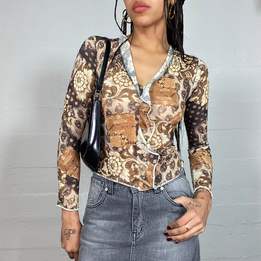 Vintage 2000's Boho Brown Longsleeve Top with Frilled Neck and Fall Floral Print (S)