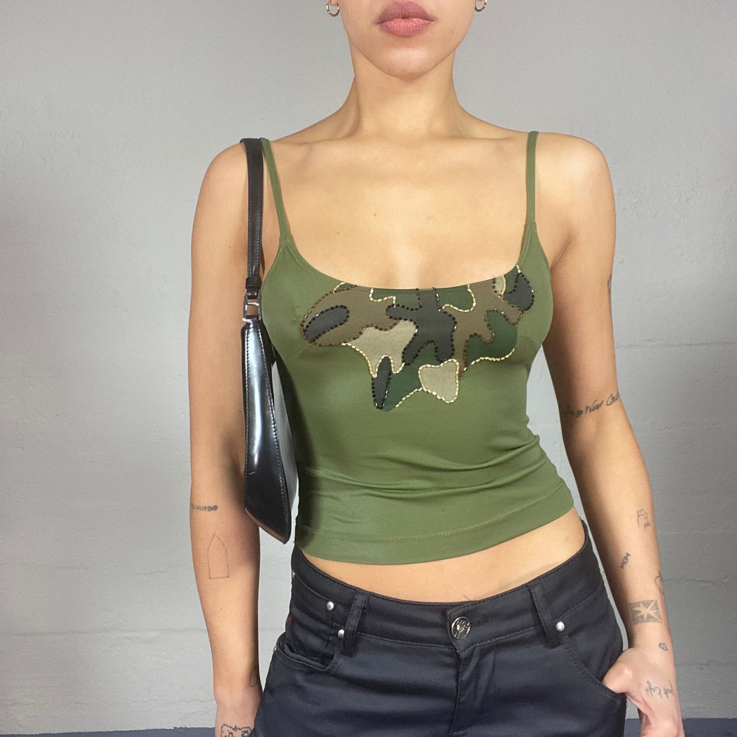 Vintage 90's Rave Khaki Tank Top with Rhinestones and Camuflage Print (S)