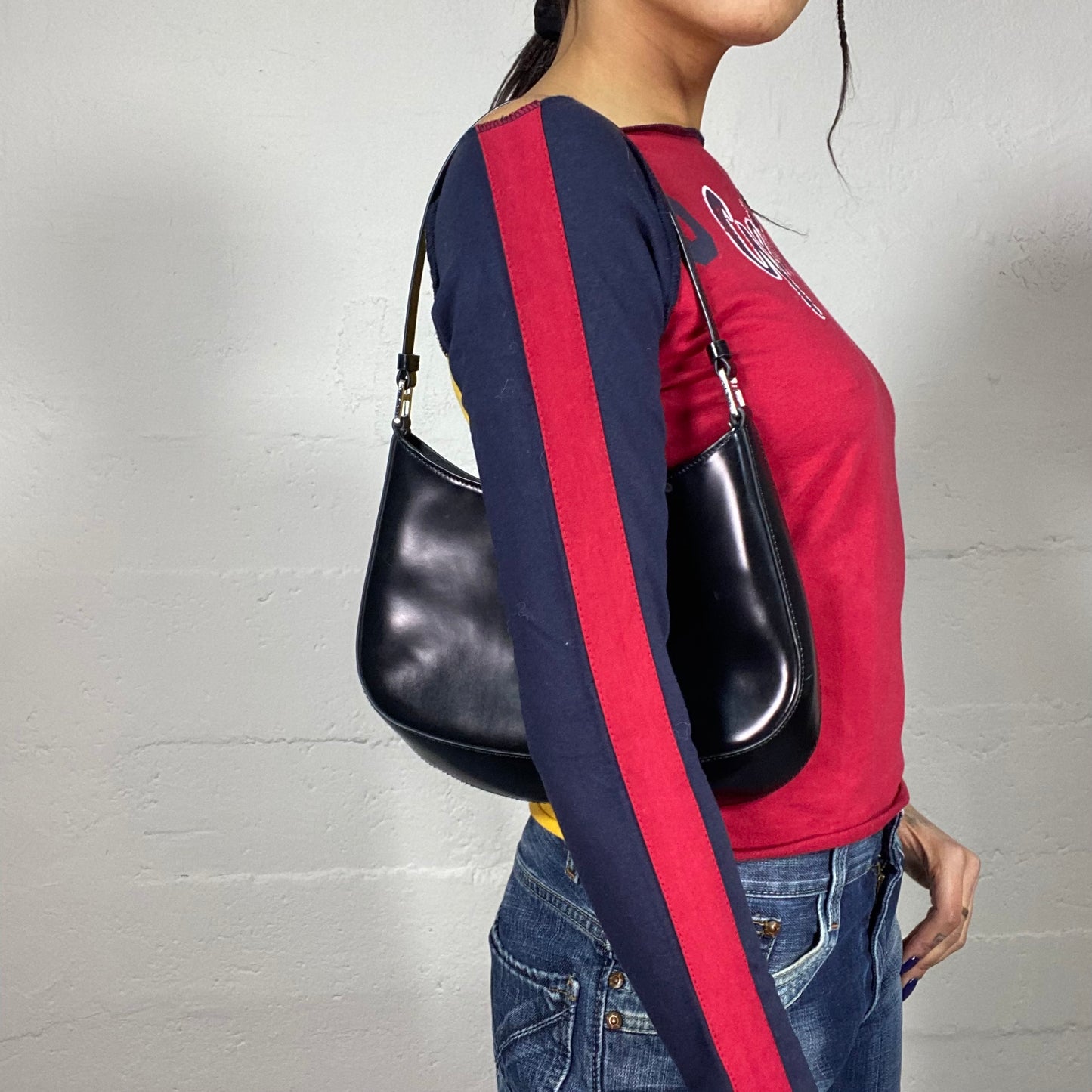 Vintage 90's College Girl Red, Yellow and Navy Blue Longsleeve Top with "Get fit" Detail (M)