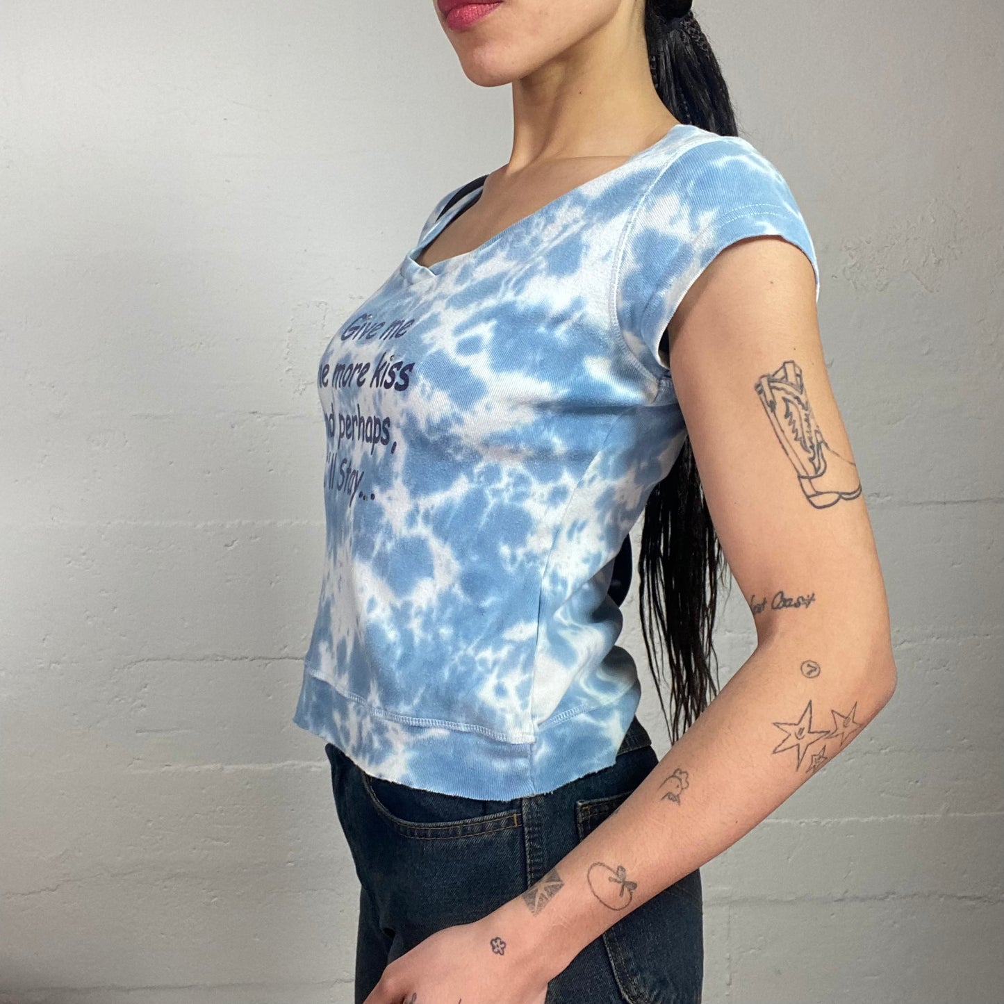 Vintage 2000's Sleaze Blue Tie Dye Top with 'Give Me One More Kiss...' Print (S)