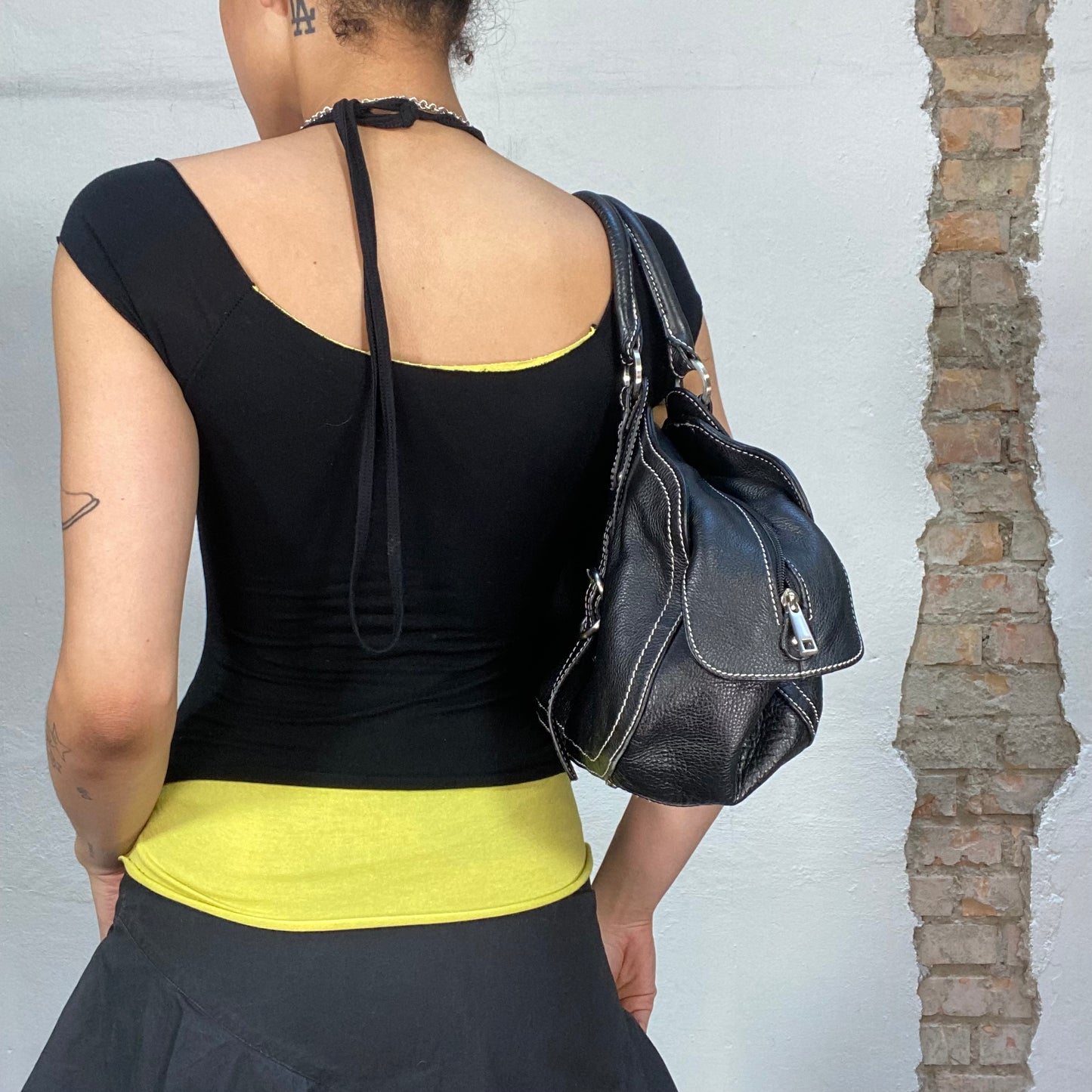 Vintage 2000's Streetstyle Black Shirt with Yellow Halter Neck Detail (S/M)