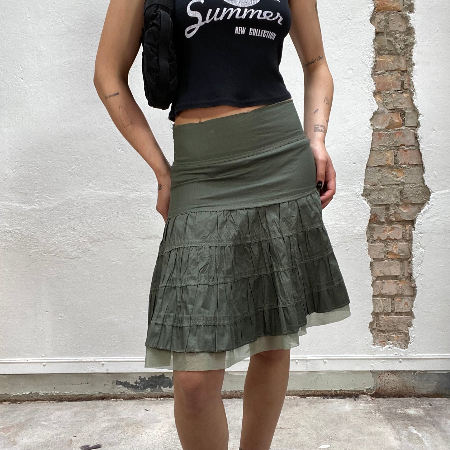 Vintage 90's Indie Green Midi Skirt with Mesh Trim (S/M)