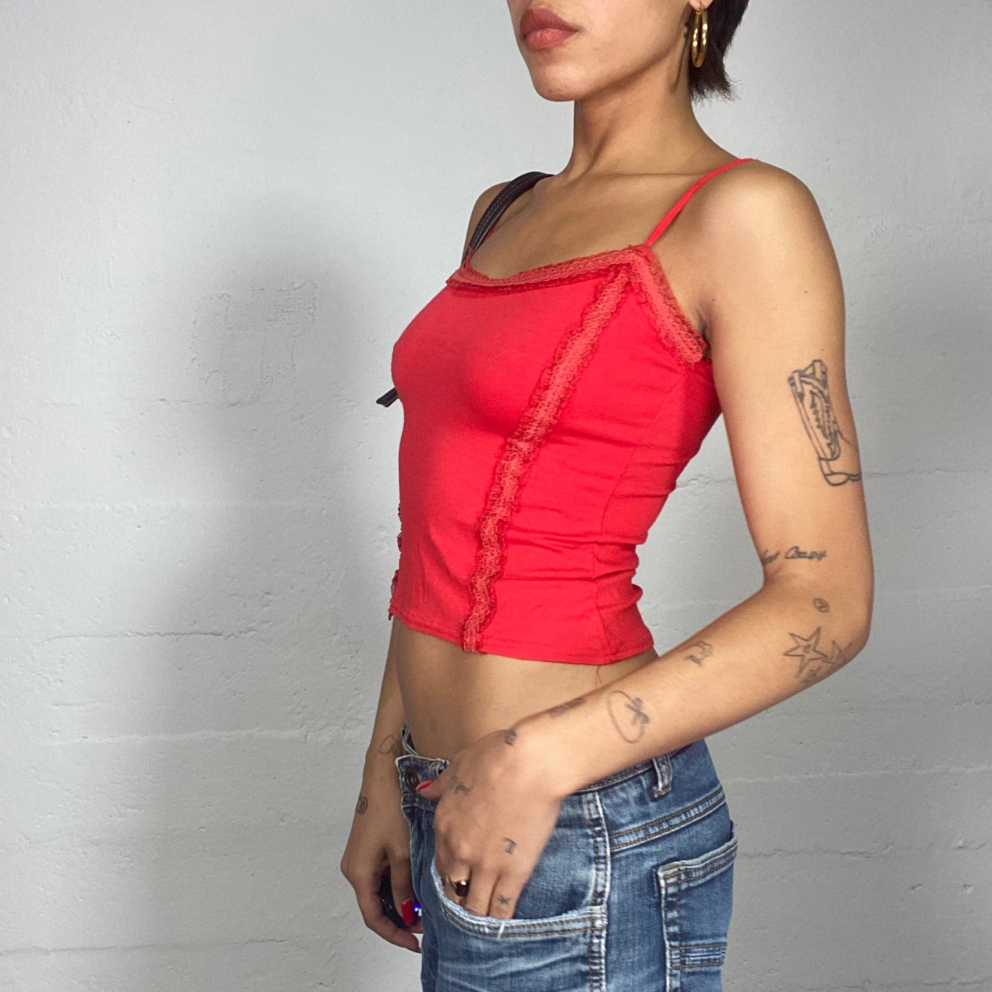 Vintage 90's Downtown Girl Red Cami Top with Lace Trim Detail (S)