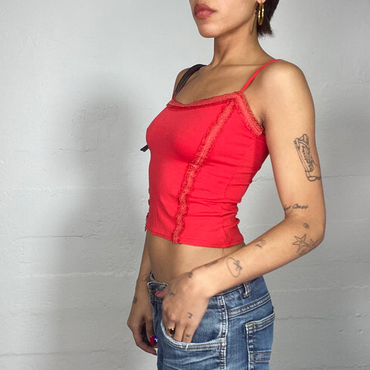 Vintage 90's Downtown Girl Red Cami Top with Lace Trim Detail (S)