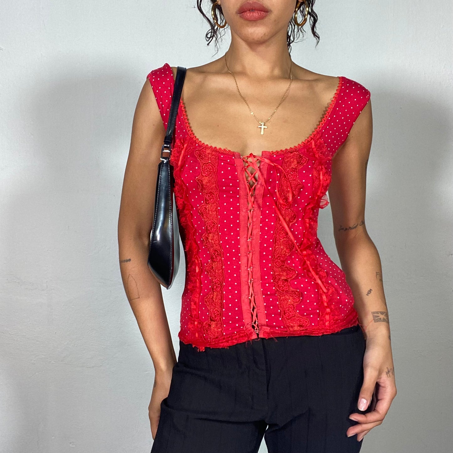 Vintage 2000's Vampy Red Polka Dot Lace-Up Corset Top (S)